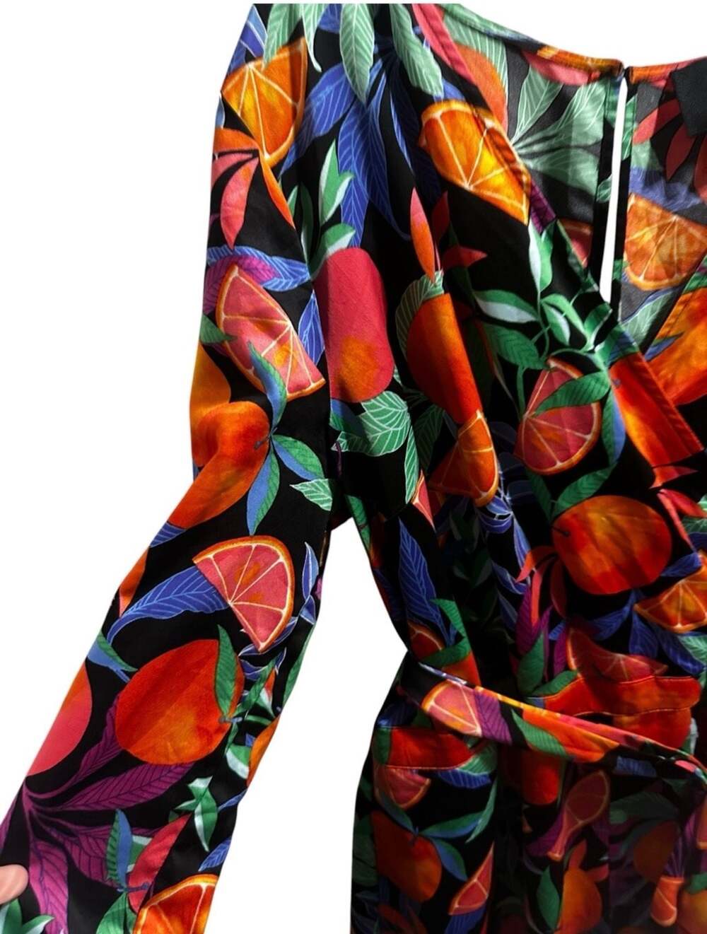 Nina Parker Size 1X Orange Fruit Print Long Sleeve Wrap Romper - Picture 4 of 5